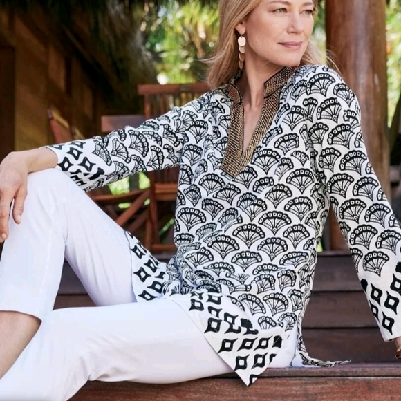 Soft Surroundings Womens Rocio Pullover Tunic Black Gold Beaded Lightweight L - Picture 1 of 16